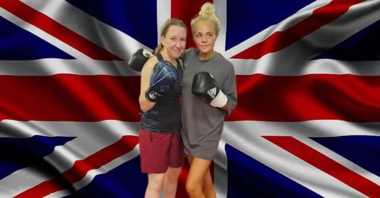 Two BFV participants posing in boxing gloves against a Union flag backdrop