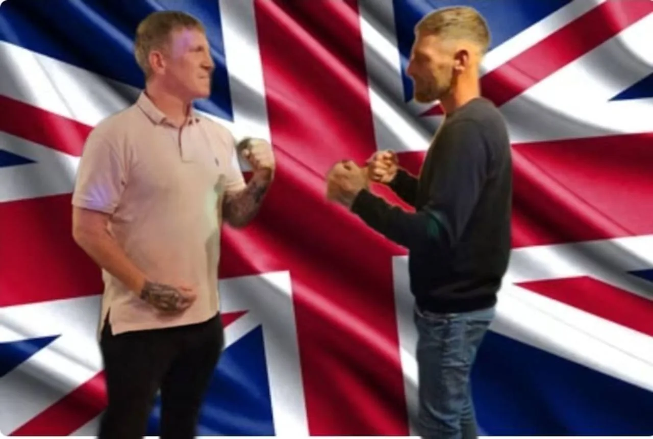 Two BFV participants in a boxing face-off against a Union flag backdrop