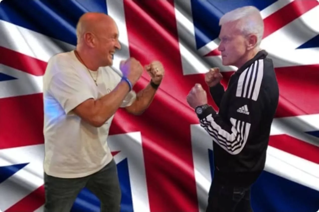 Two BFV participants posing for a boxing face-off against a Union flag backdrop